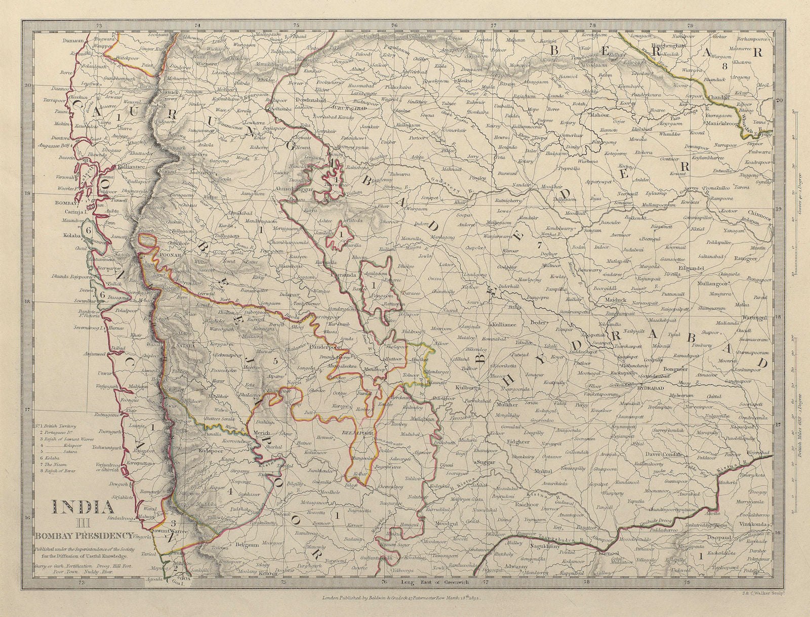 BOMBAY (MUMBAI) PRESIDENCY AND HYDERABAD. Aurangabad; Bijapur. SDUK 1844 map